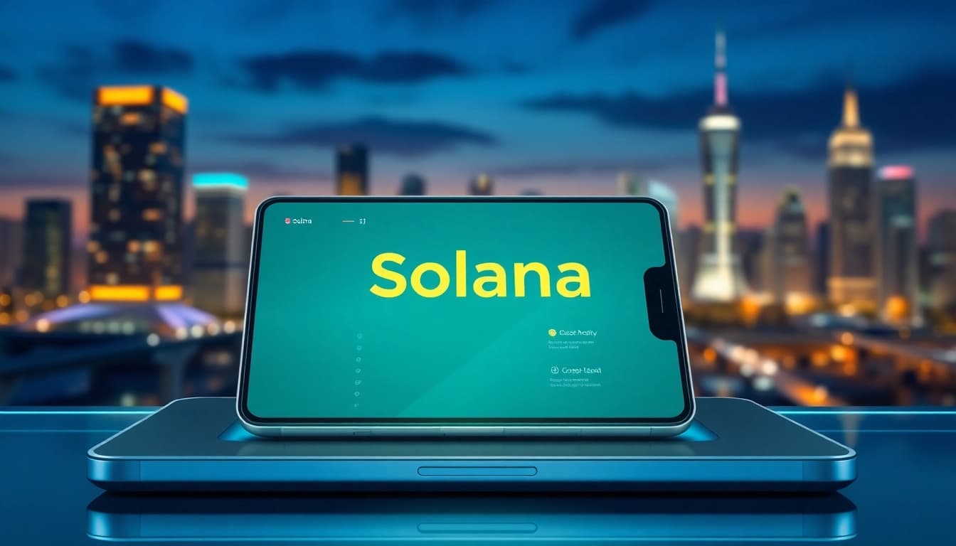 Solana Wallet interface showcased on a digital device against a futuristic city skyline.