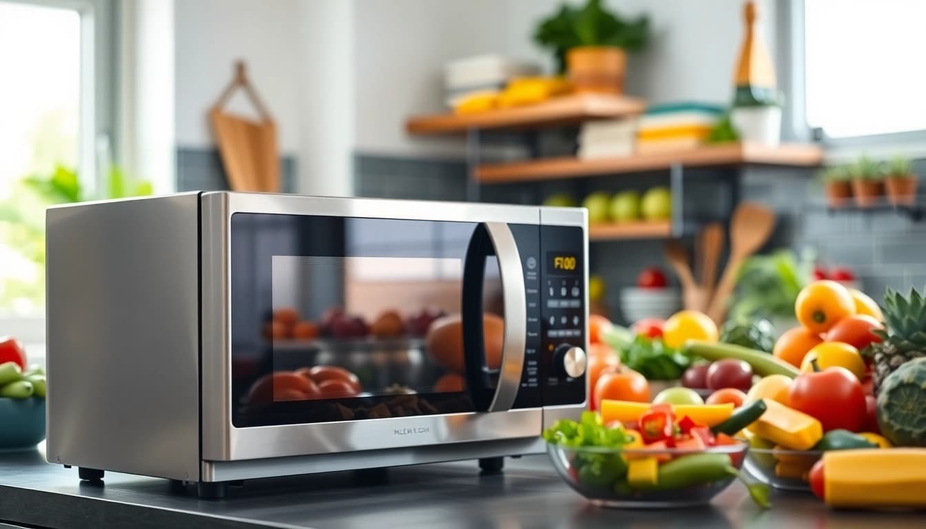 Showcasing Microwave Oven Sales with a modern microwave in a vibrant kitchen setting full of fresh ingredients.