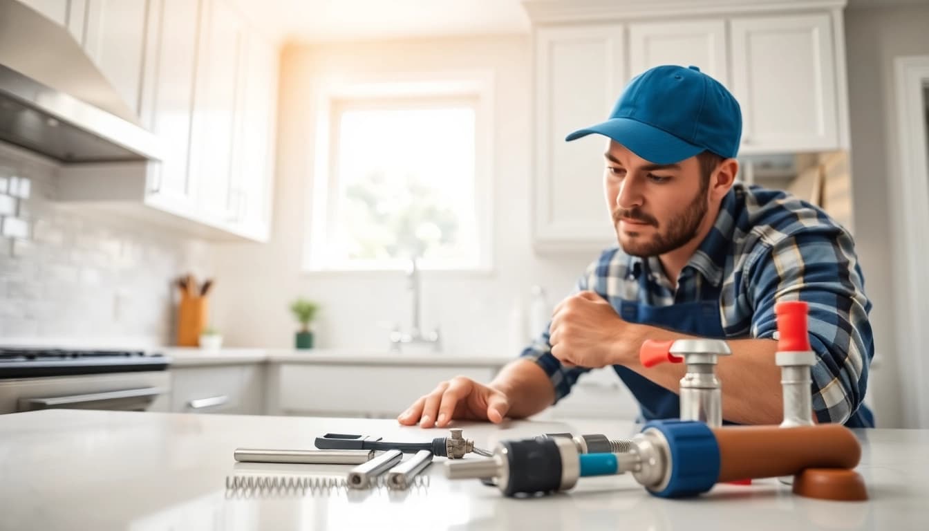 Find reliable plumber near me fixing issues in a bright, modern kitchen.