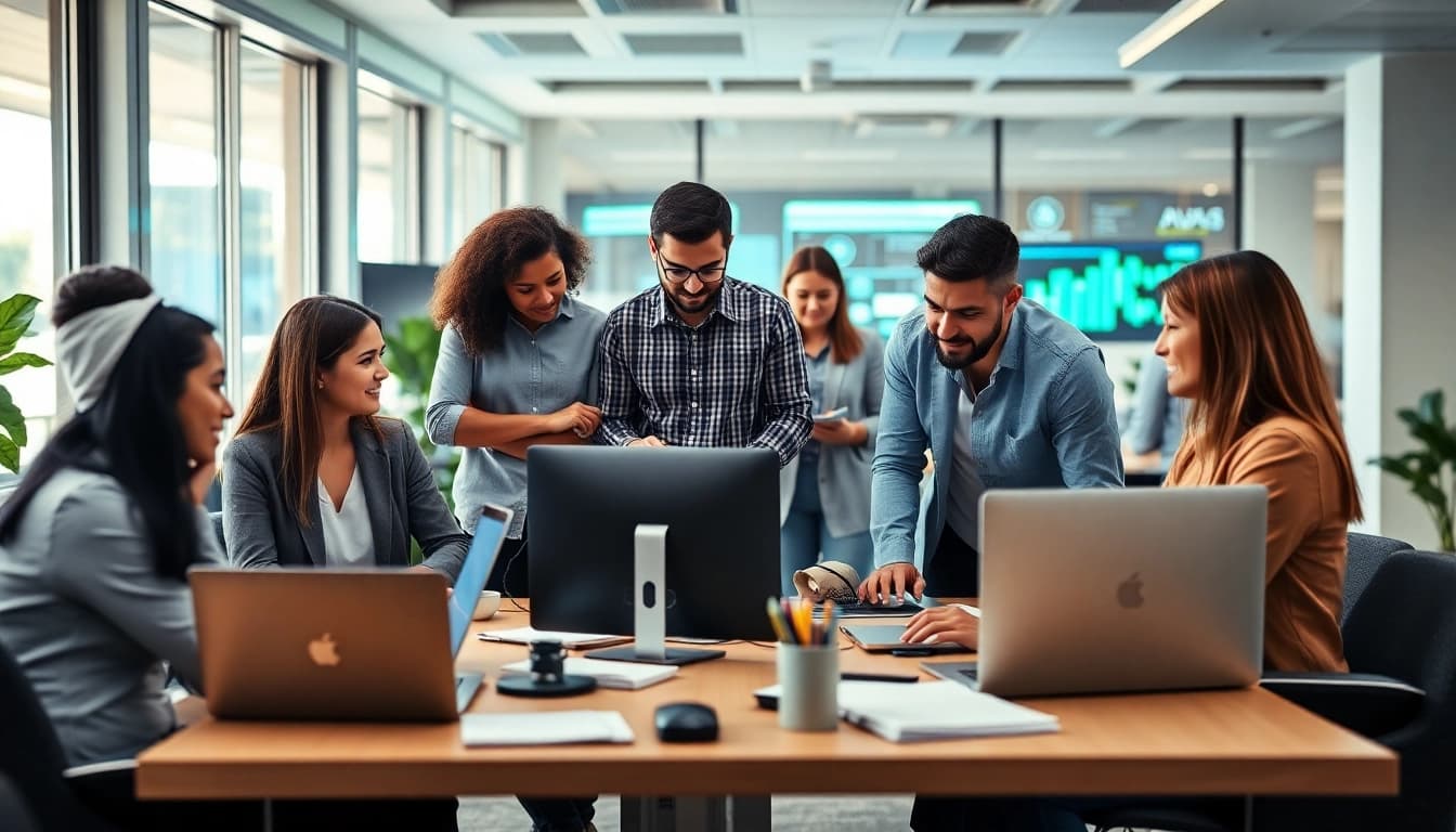 Find top msp companies near me collaborating in an office during a team meeting.