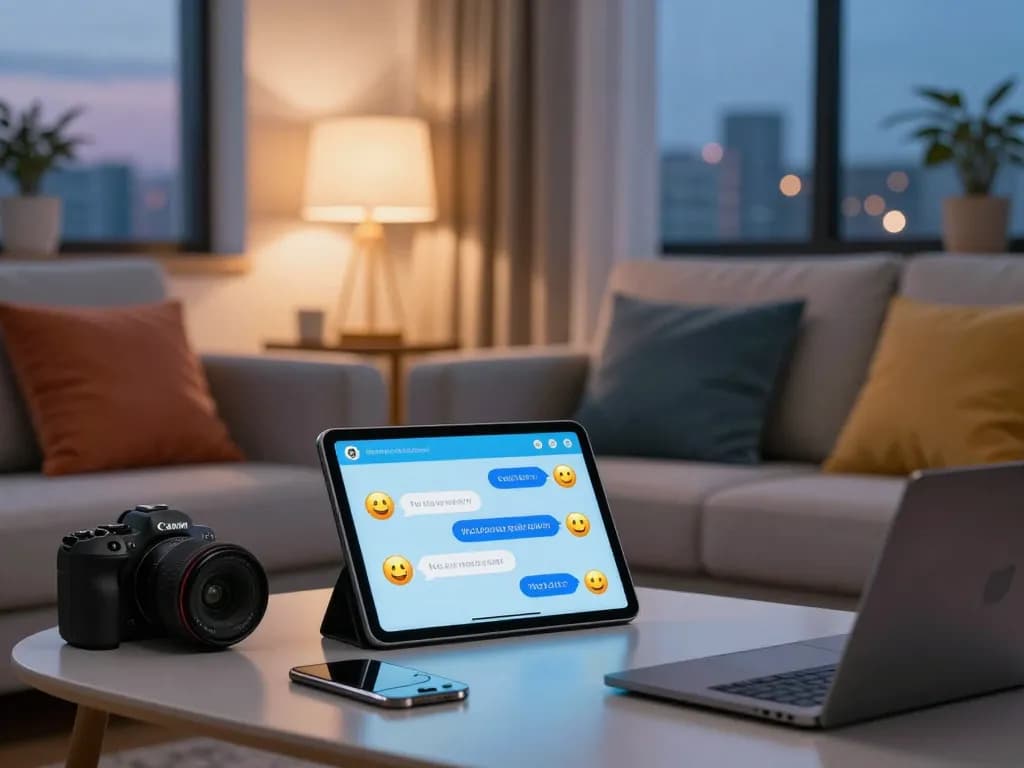 Engaging free ai sex chat session on a tablet in a cozy living room with warm lighting.