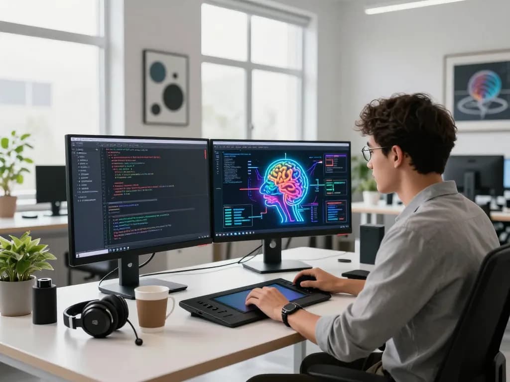 AI software development scene with mind control ai visualization on dual monitors, showcasing a tech-driven workspace.