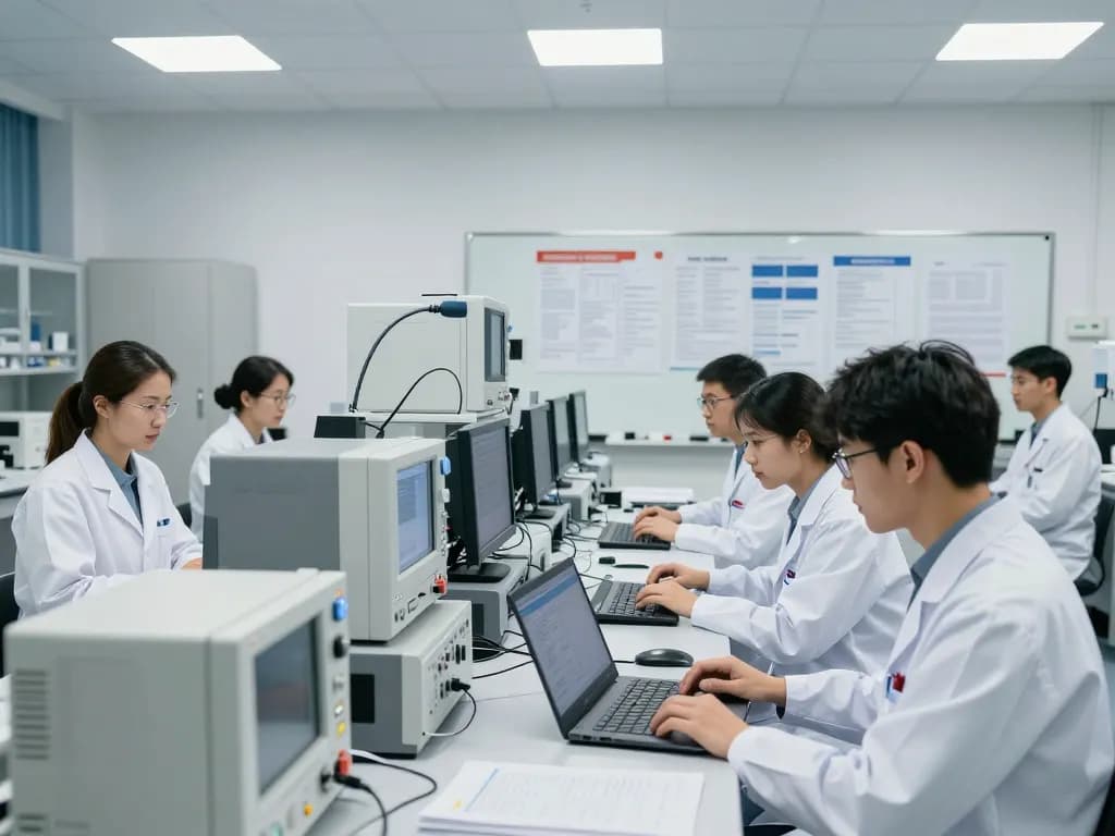 Engineers conducting EMC testing for TCB submission in a professional lab setting.
