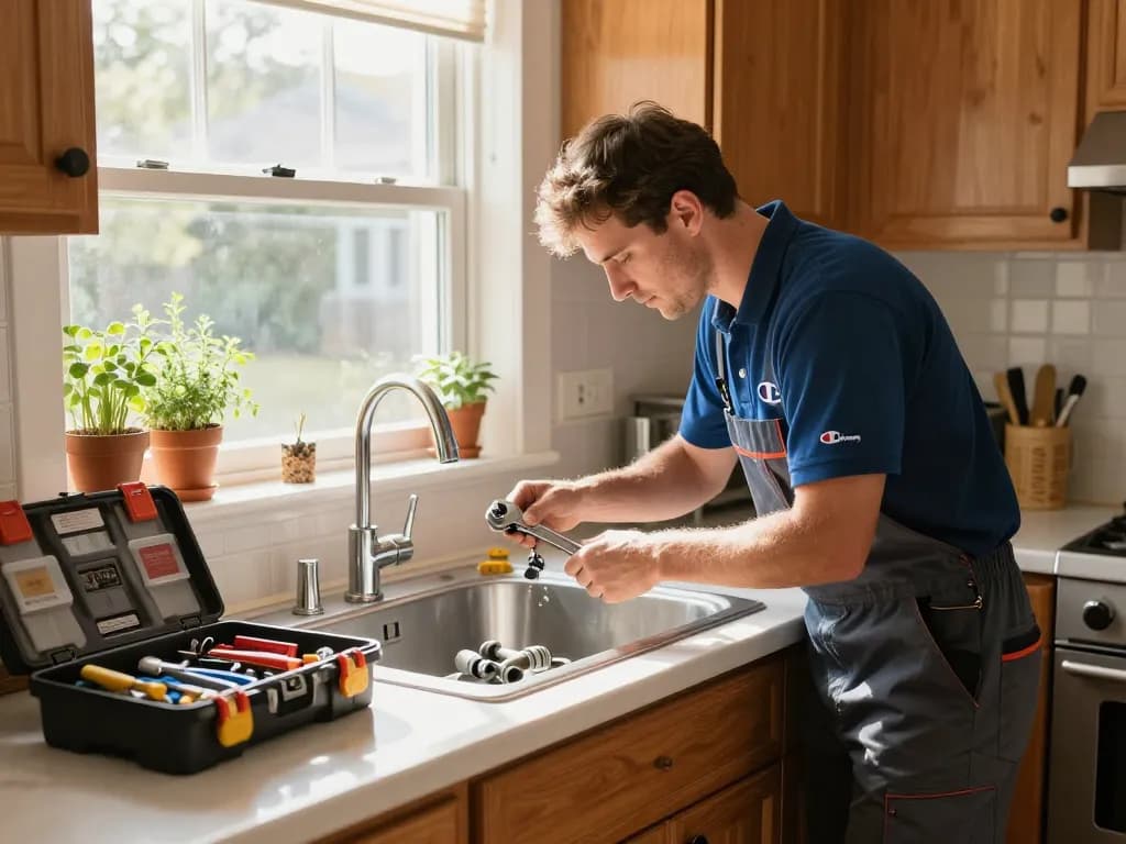 Expert plumber demonstrating dedicated pages for plumbing services in a bright residential kitchen, showcasing efficiency and home care.