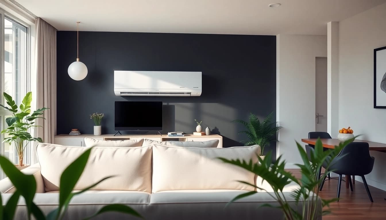 Efficient Mitsubishi mini split ac installation in a bright modern living room showcasing simplicity and style.