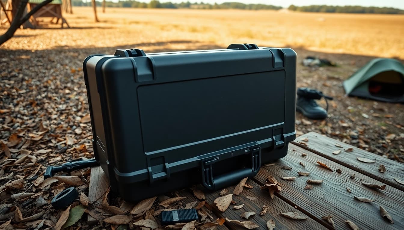 Browse the durable pelican gun case for sale alongside rugged outdoor gear on a rustic table.