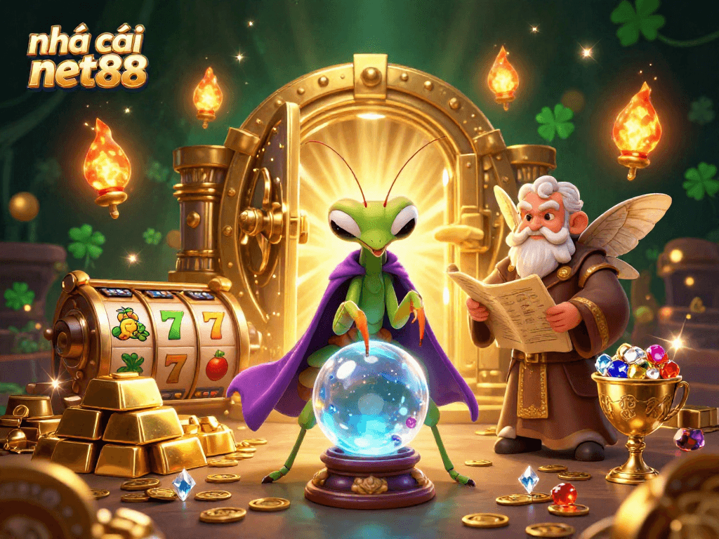 Experience the magic of nhà cái net88 with our vibrant 3D illustration showcasing winning slot machines, gems, and a unique fortune teller theme.