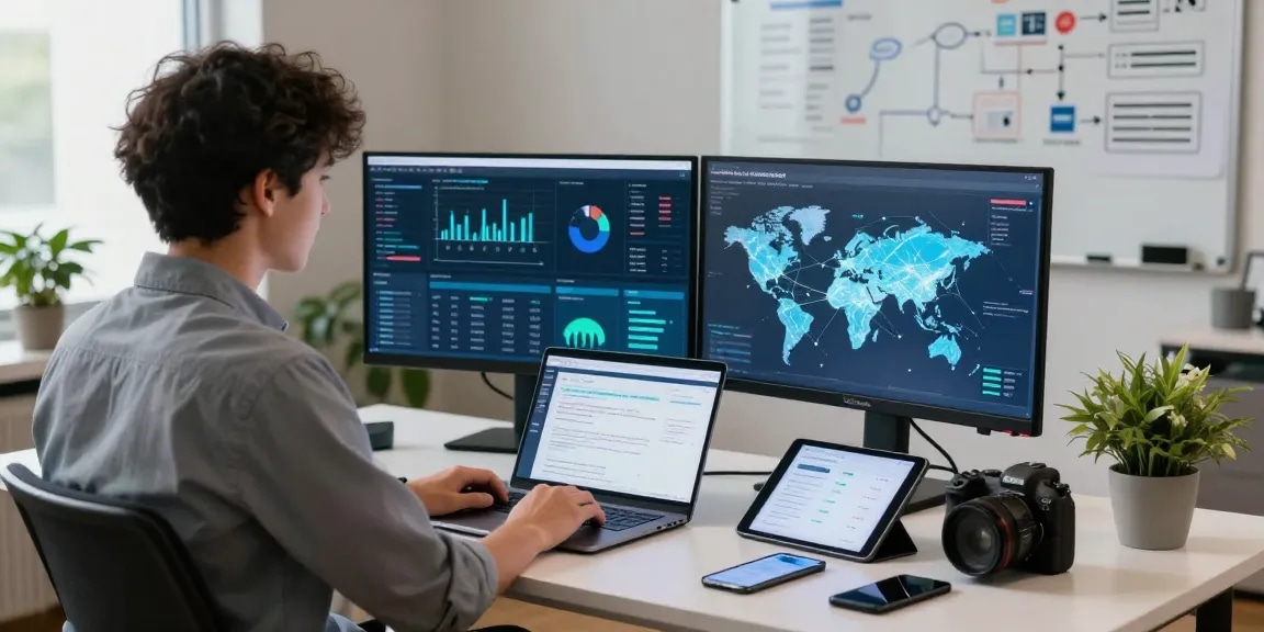 Professional workspace showcasing advanced Residential proxies technology with data analytics and global connectivity.