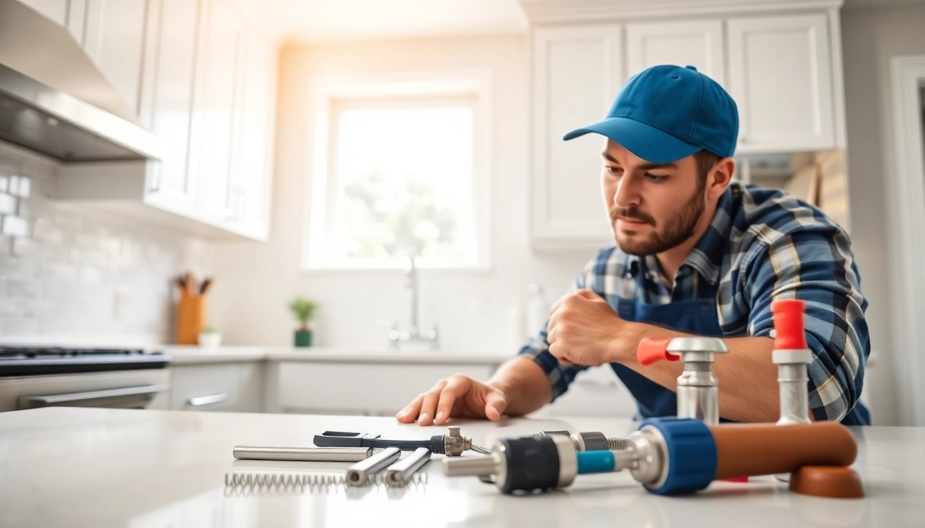 Find reliable plumber near me fixing issues in a bright, modern kitchen.
