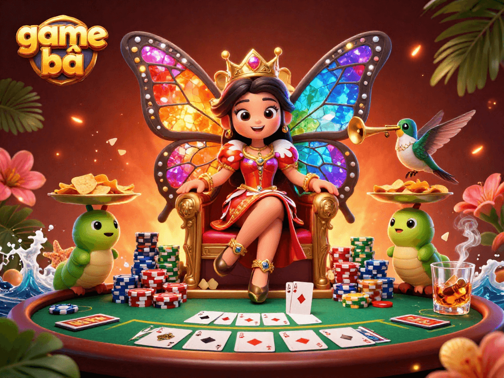 Experience the excitement of game bài with a vibrant 3D scene featuring a butterfly queen and high-stakes poker.