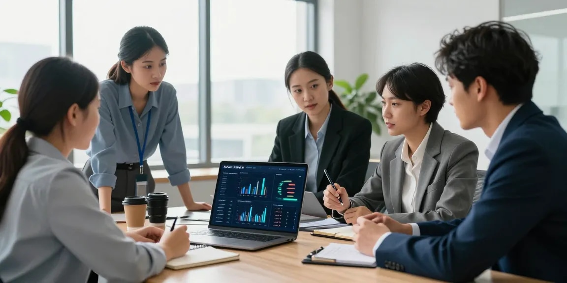 Team discussing ai automations for small business performance metrics in a bright office.
