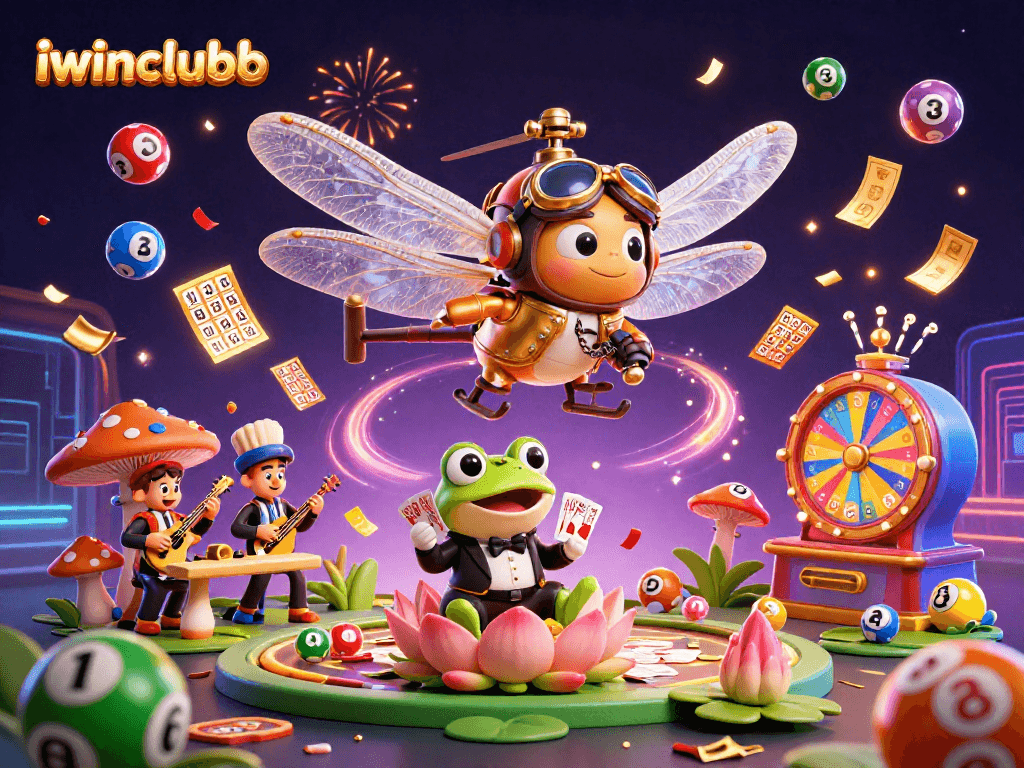 Join the fun at iwinclubb with a vibrant casino scene featuring a dragonfly pilot and lively games.