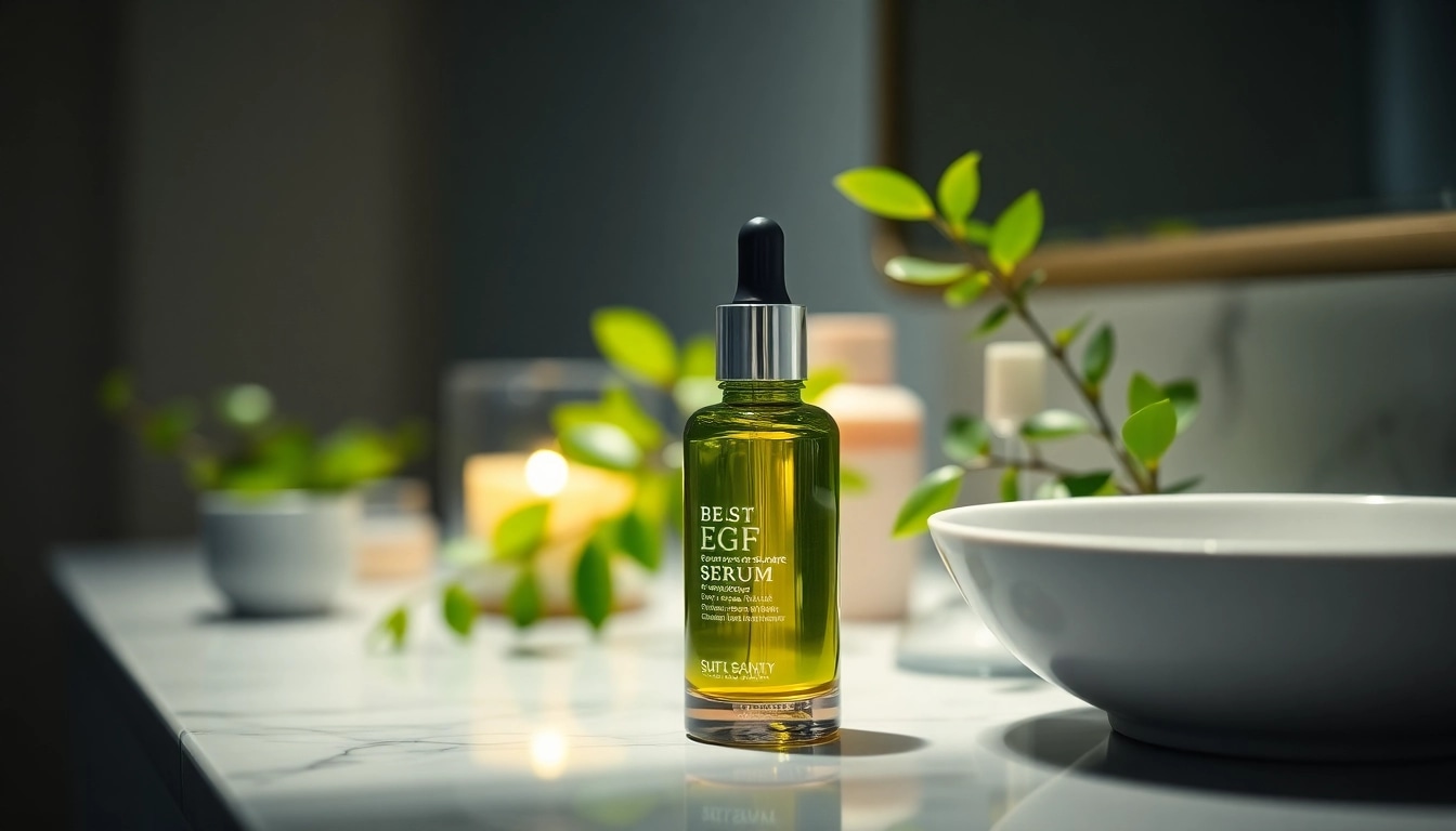 Apply the best EGF serum for radiant skin, showcased elegantly on a marble vanity.
