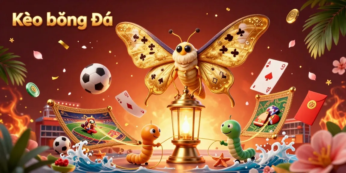 Kèo Bóng Đá showcases a vibrant 3D illustration with sports betting elements and a majestic golden moth.