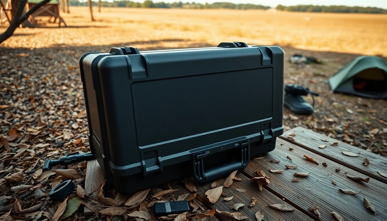 Browse the durable pelican gun case for sale alongside rugged outdoor gear on a rustic table.