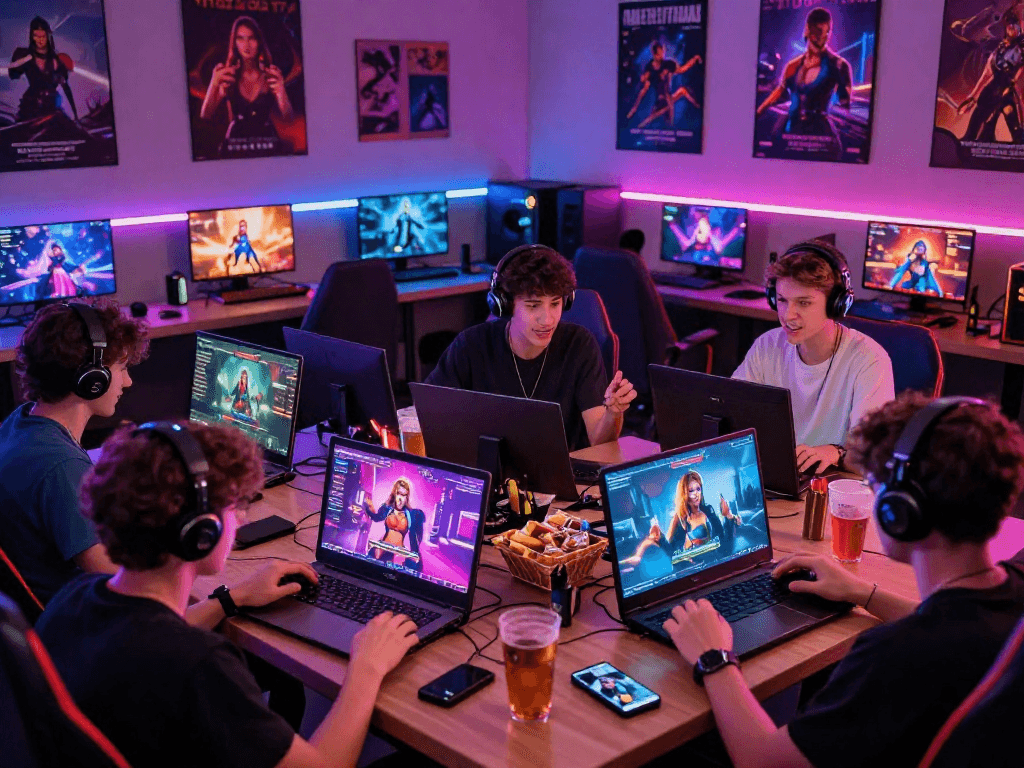 Players enjoying diverse online sex games on multiple devices in a vibrant gaming lounge.