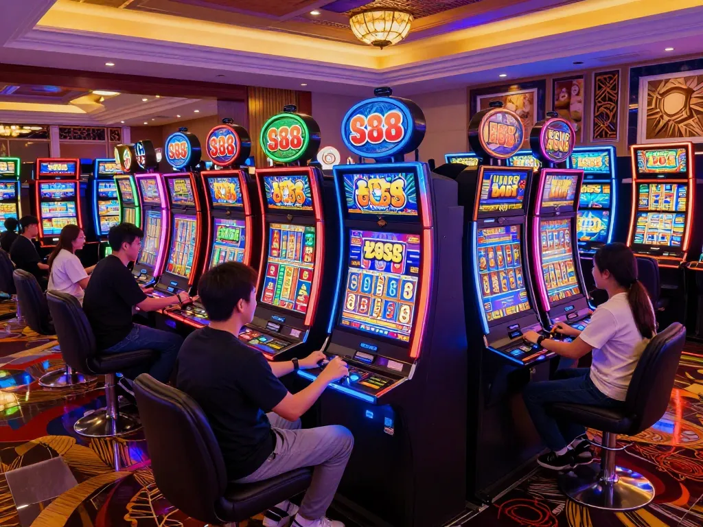 Engaged players celebrating at exciting lucky88 slots, showcasing vibrant ambiance.