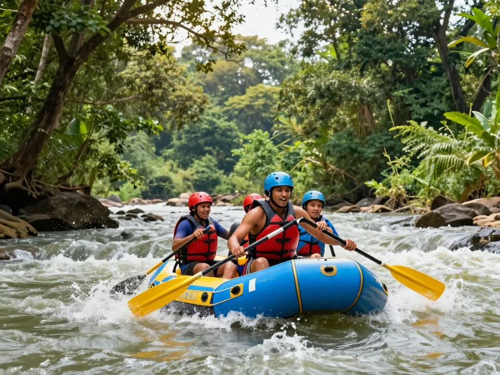 Dandeli resorts packages for adventure seekers, showcasing river rafting fun amidst lush green forests.