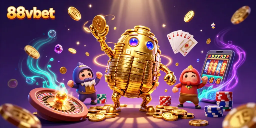 Experience thrilling gameplay at 88vbet with a vibrant illustration of casino elements and characters.