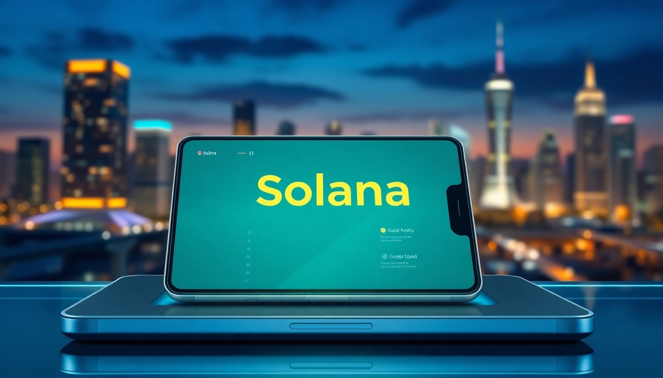 Solana Wallet interface showcased on a digital device against a futuristic city skyline.