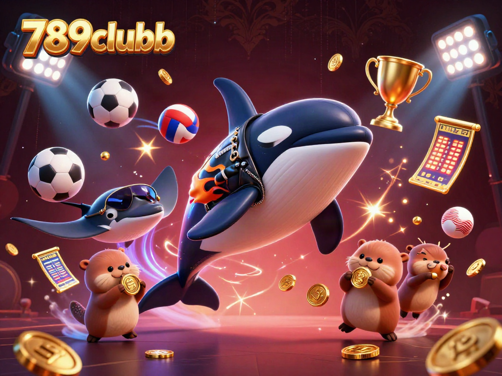Engage with 789clubb in this vibrant illustration featuring an orca, stingray, and otters amidst gambling elements.