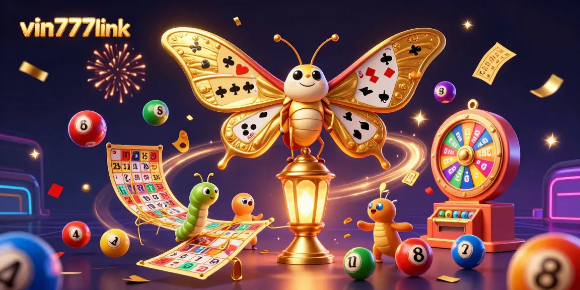 Experience excitement at vin777link with a dazzling casino-themed illustration featuring vibrant lottery balls and a majestic moth.
