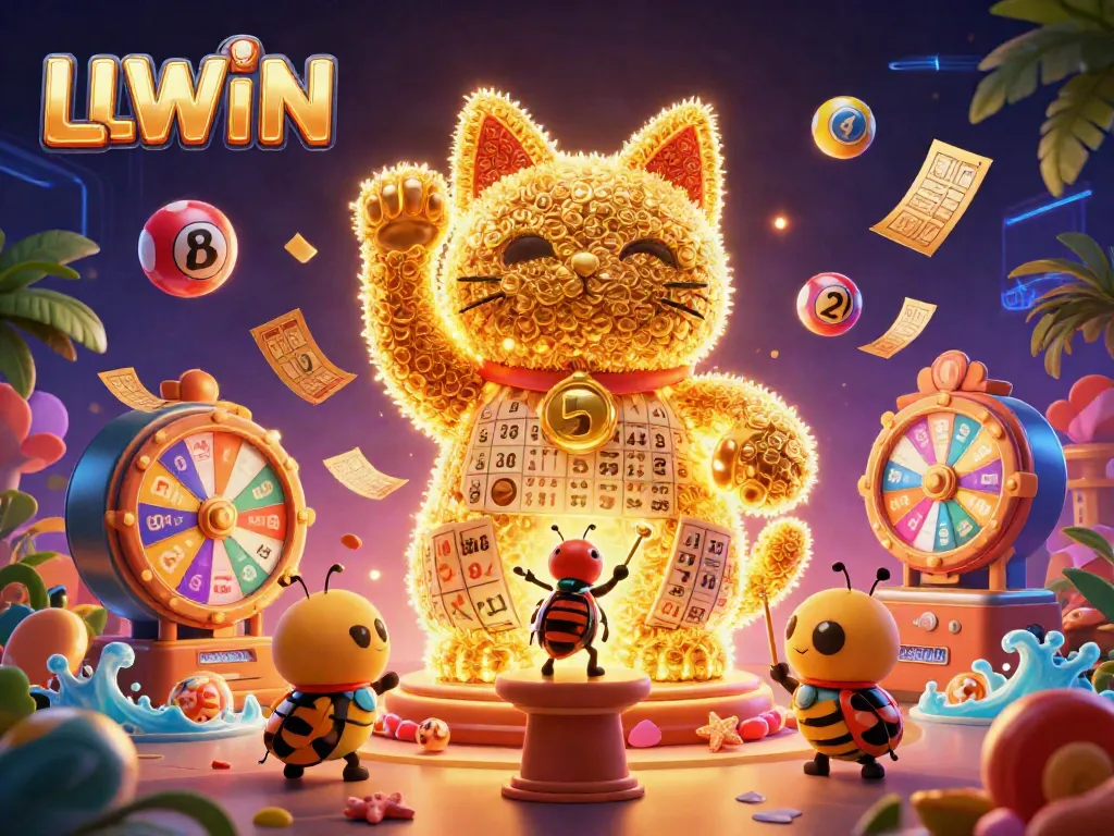 Experience LLWIN's vibrant gaming scene with dynamic lottery elements and a lucky cat illustration.