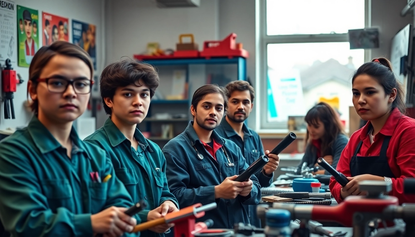 Students engaged in hands-on learning at a trade school, showcasing diverse trades and tools.