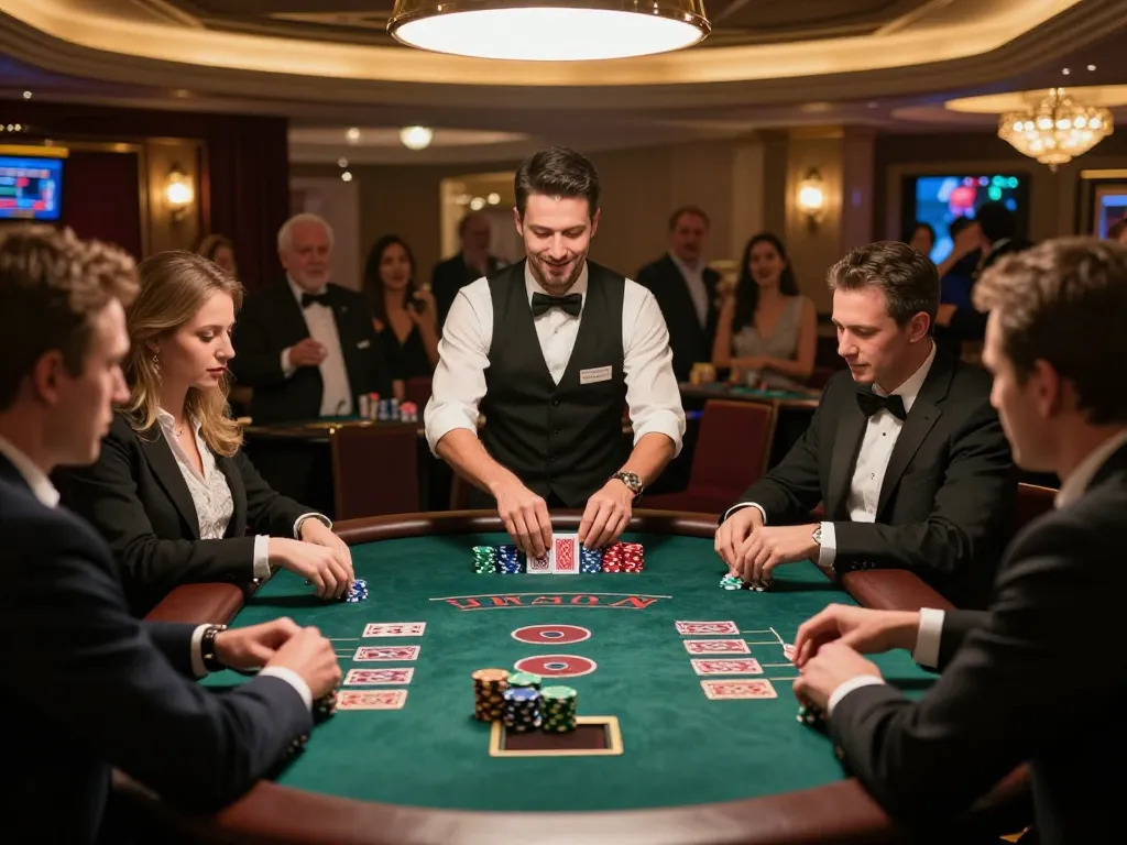 Engaging scene of DA88 blackjack players at a lively casino, showcasing intense gameplay and vibrant atmosphere.