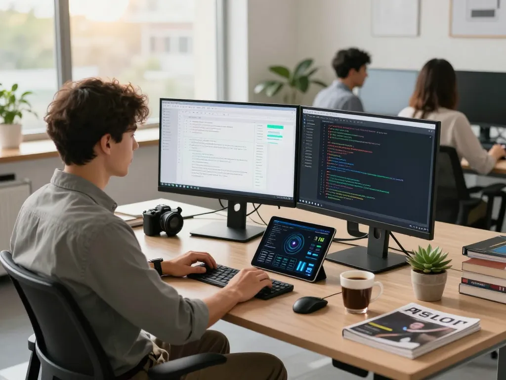 Dynamic office scene showcasing AI automation tools and workflow optimization.