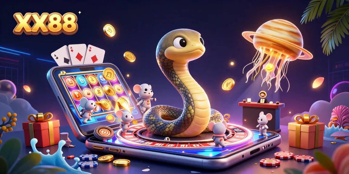 Place bets with XX88 in a cosmic casino scene featuring cartoon characters and vibrant game elements.