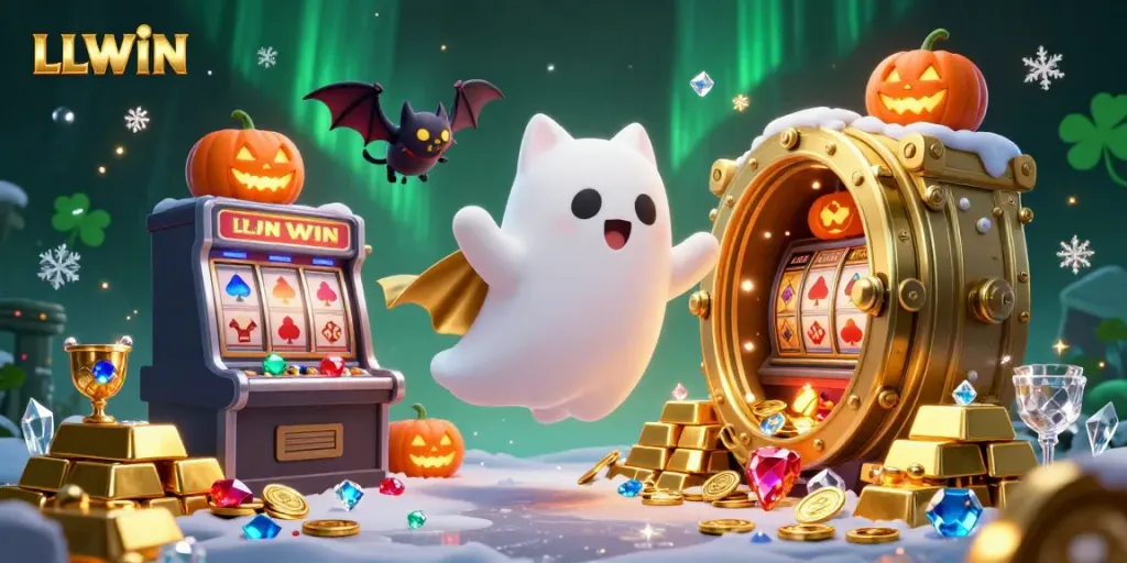Experience LLWIN in this vibrant casino scene with a ghost cat and magical elements.