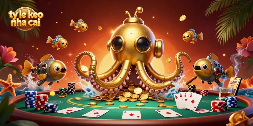 Betting with ty le keo nha cai as a golden kraken submarine and mechanical fish swim through coins and poker elements.