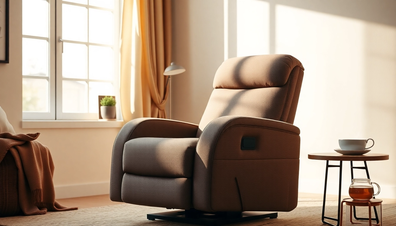 Experience comfort in a power lift recliner with heat and massage, showcasing plush design in a cozy setting.