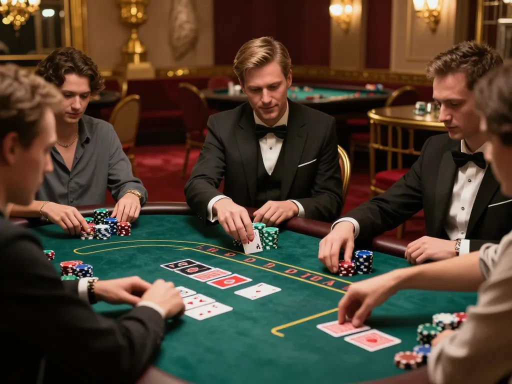 RR88 players intensely strategizing their poker hands at a luxurious casino table.