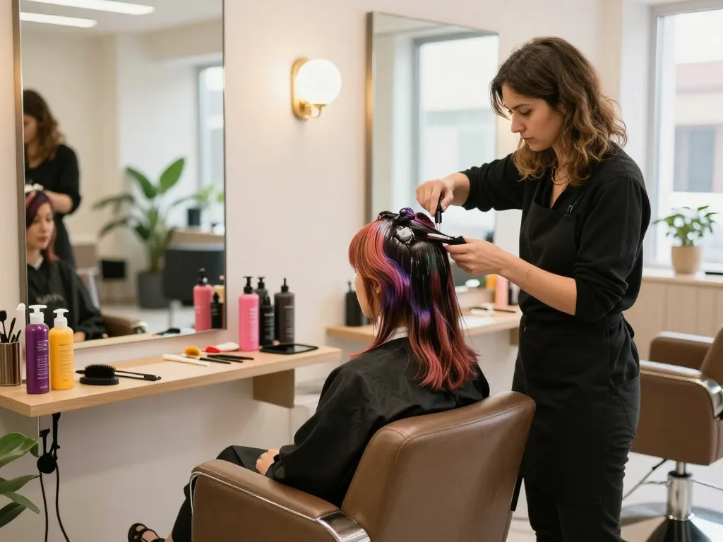 Hair colourist near me applying vibrant dye in a modern salon setting.