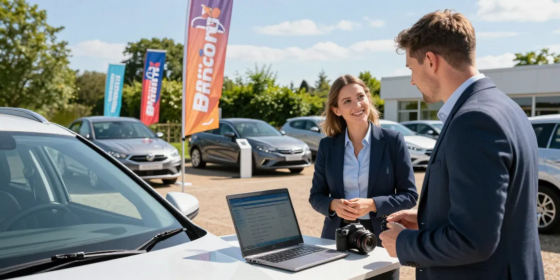 Car check UK report being discussed at a vibrant dealership.