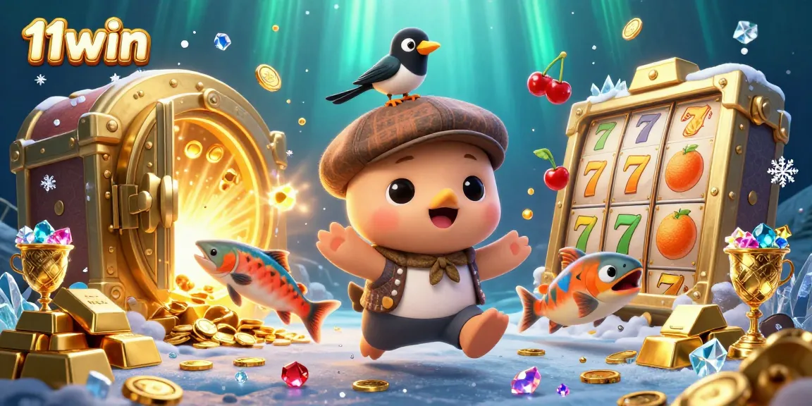Winning at 11win with a playful Nessie, gems, and vibrant slot reels.