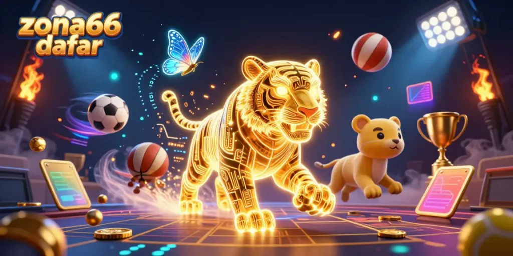 zona66 daftar menampilkan karakter harimau emas neon di kasino digital dengan elemen perjudian