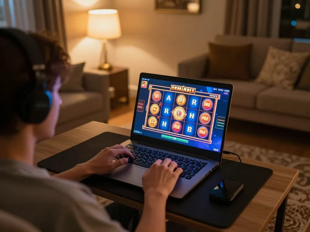 Player enjoying a lively slot game experience on dn88 platform at home with cozy ambiance