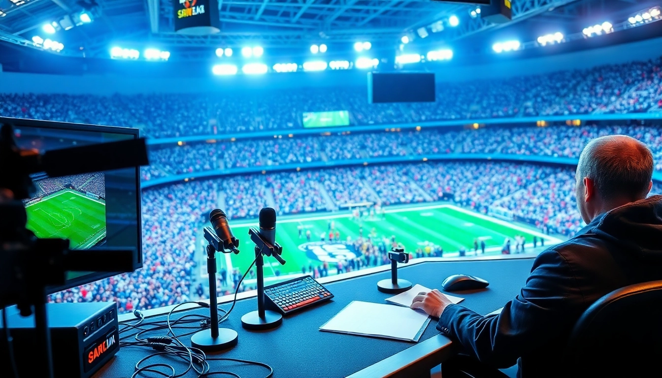 Engaging scene of sports broadcasting with announcer and high-tech screens displaying Sports Broadcasting content.