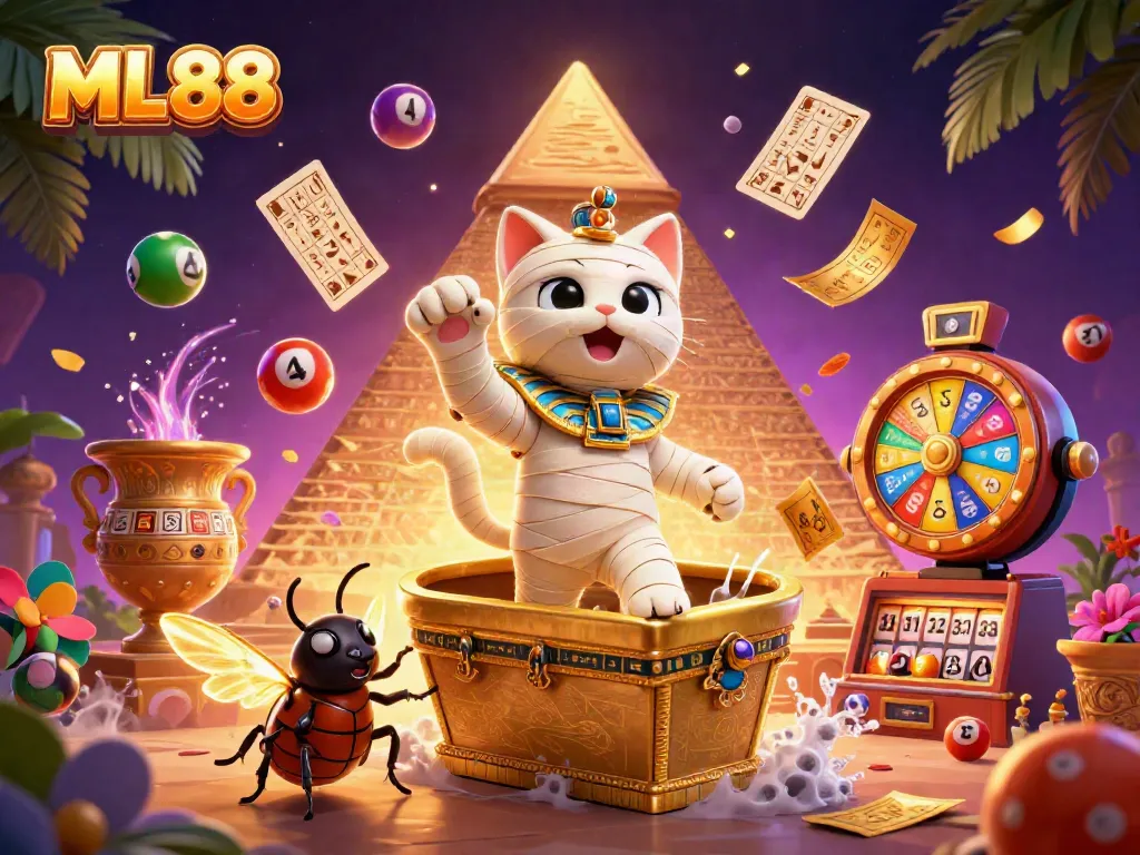 ML88 casino scene featuring a mummy cat, glowing scarab, and floating cards amidst a vibrant lottery backdrop.