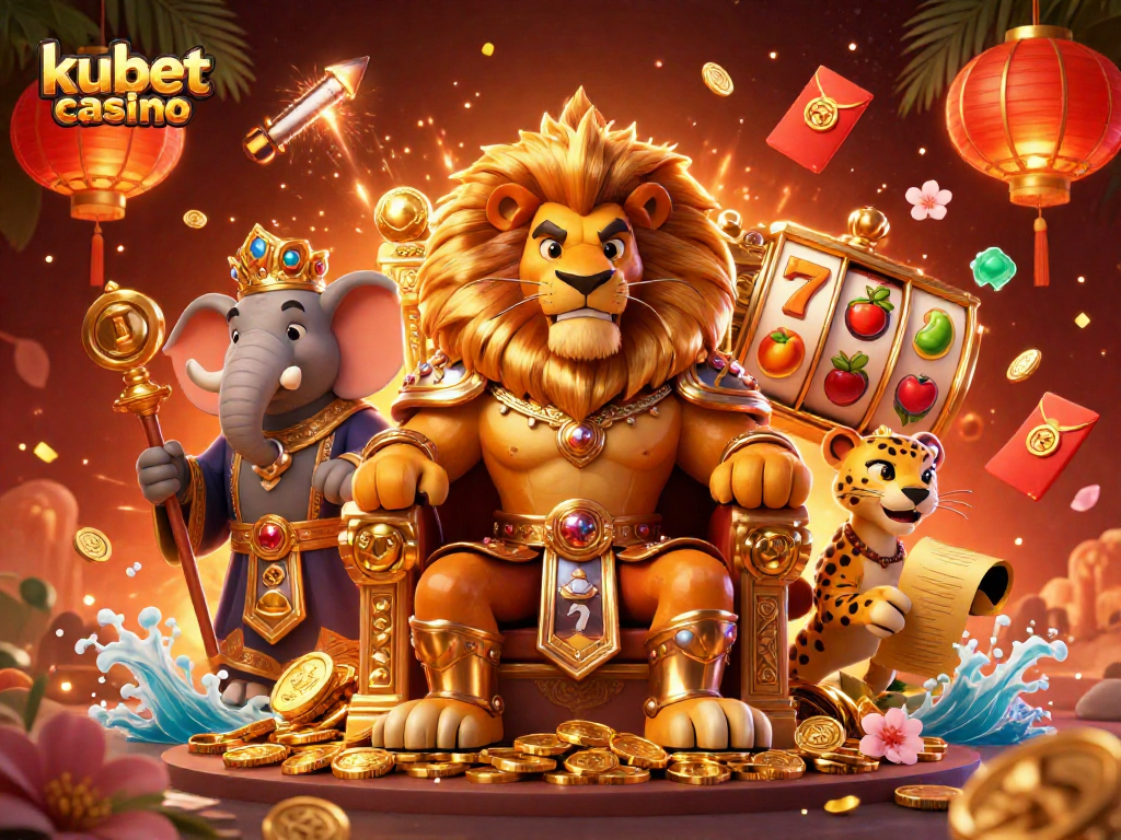 Experience excitement at kubet casino with the lion king, magical slot reels, and festive elements.