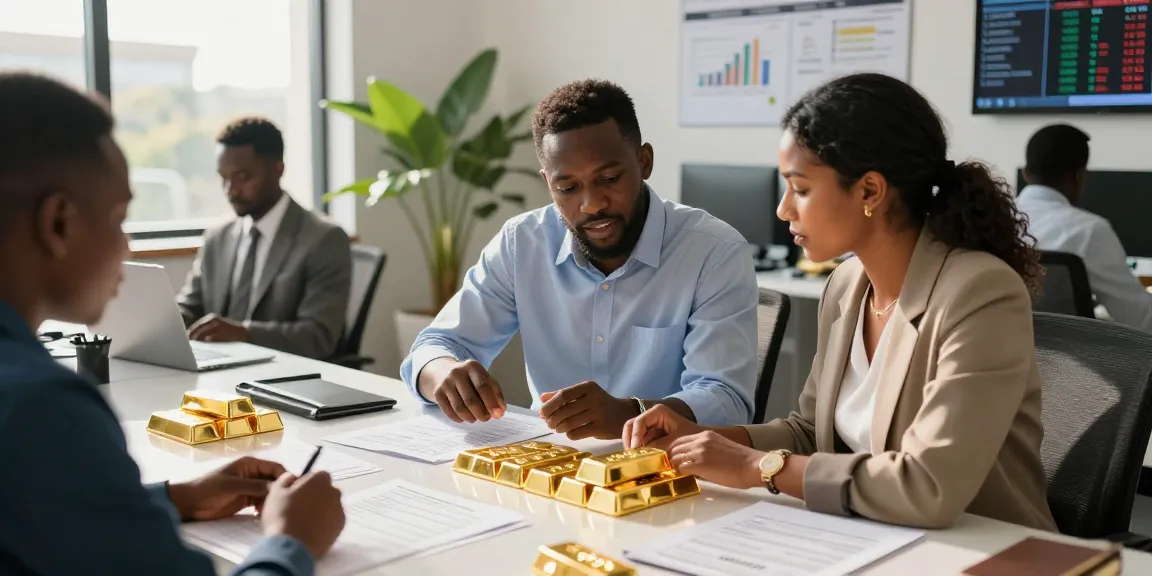 Buy gold in Uganda with trustworthy professionals discussing legal documentation and gold samples in a modern trading office.