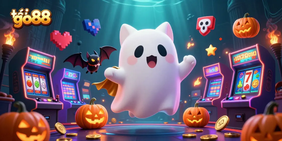 Engage with tải go88 at a haunted casino featuring a ghost cat, vampire bat, and slot machines