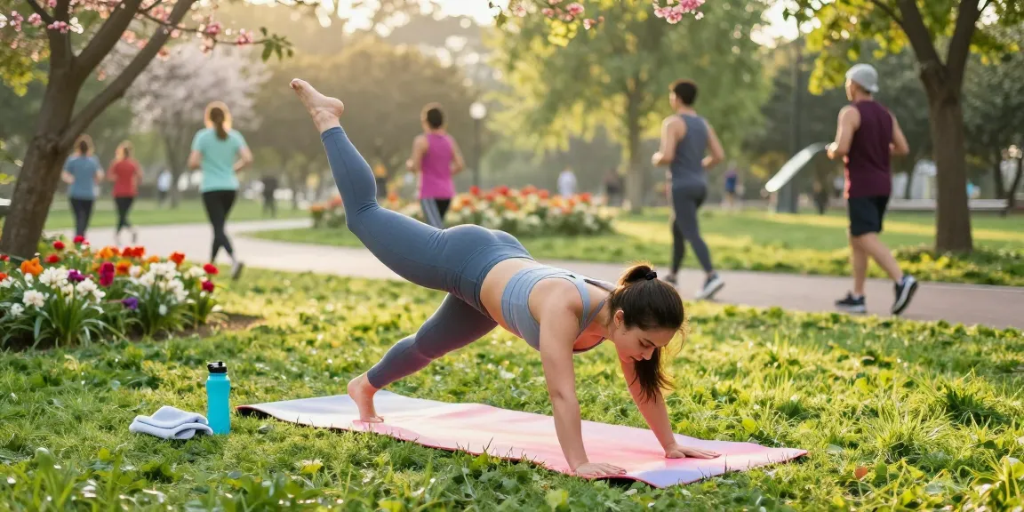 Modest activewear yoga session in a park at sunrise, showcasing vibrant fitness and wellness.