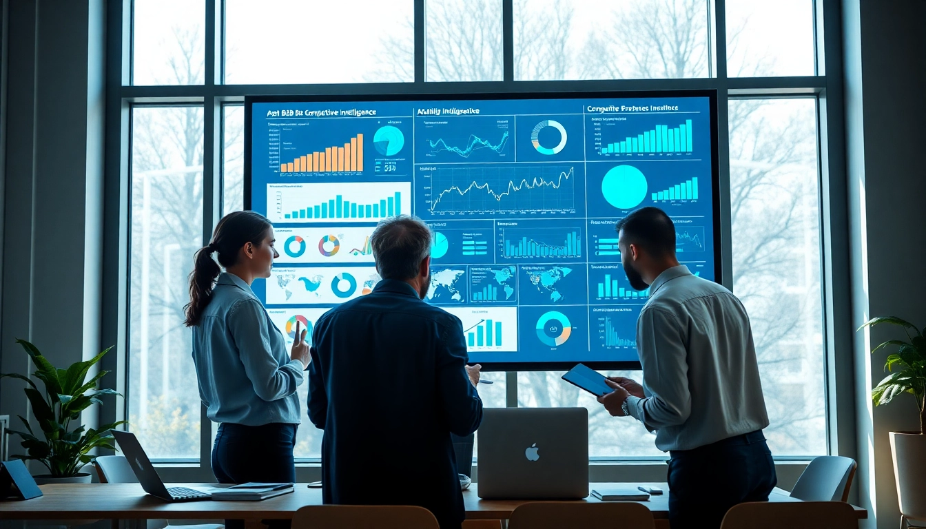 Collaborative team using b2b competitive intelligence tools for data analysis in a modern office.