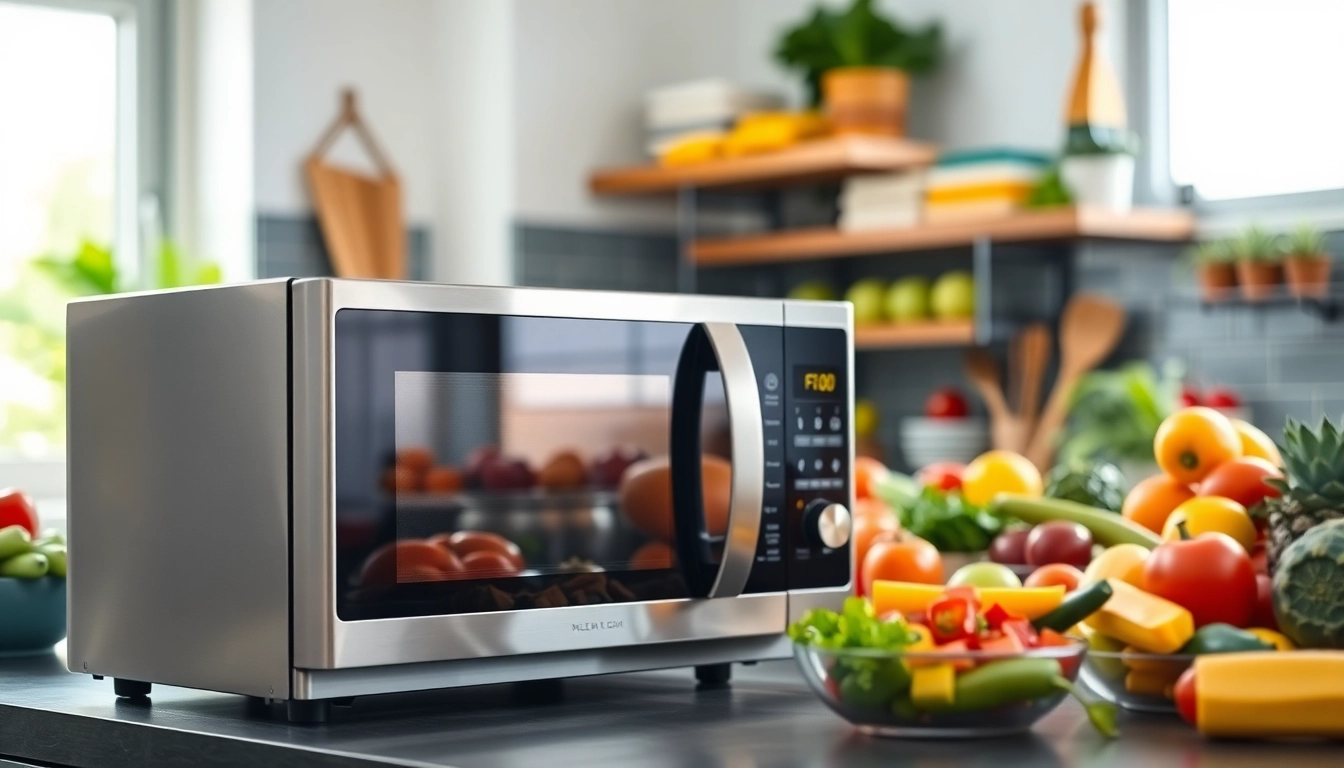 Showcasing Microwave Oven Sales with a modern microwave in a vibrant kitchen setting full of fresh ingredients.