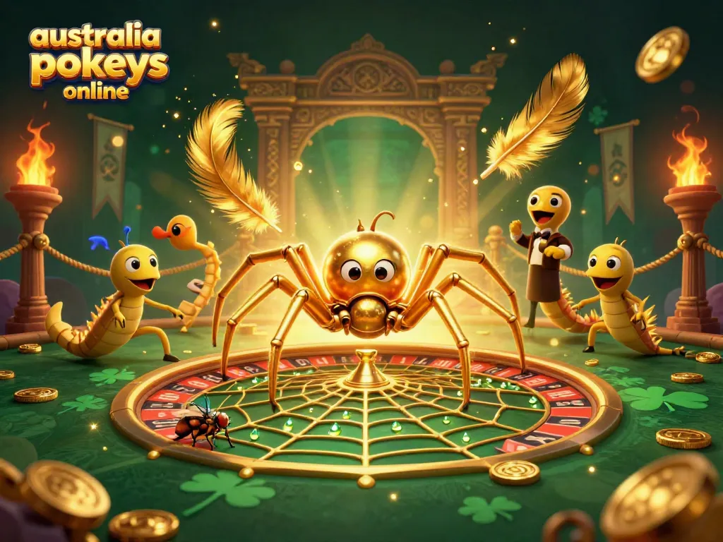 Engage with australia pokies online featuring a golden spider and centipede croupier in a vibrant casino setting.