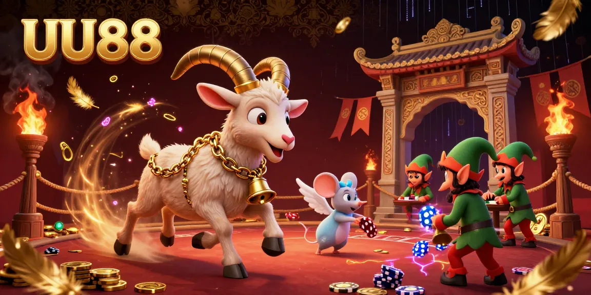 Experience thrilling action at UU88 casino with Krampus in festive chains, angel mouse, and elf gremlins in a vibrant 3D illustration.